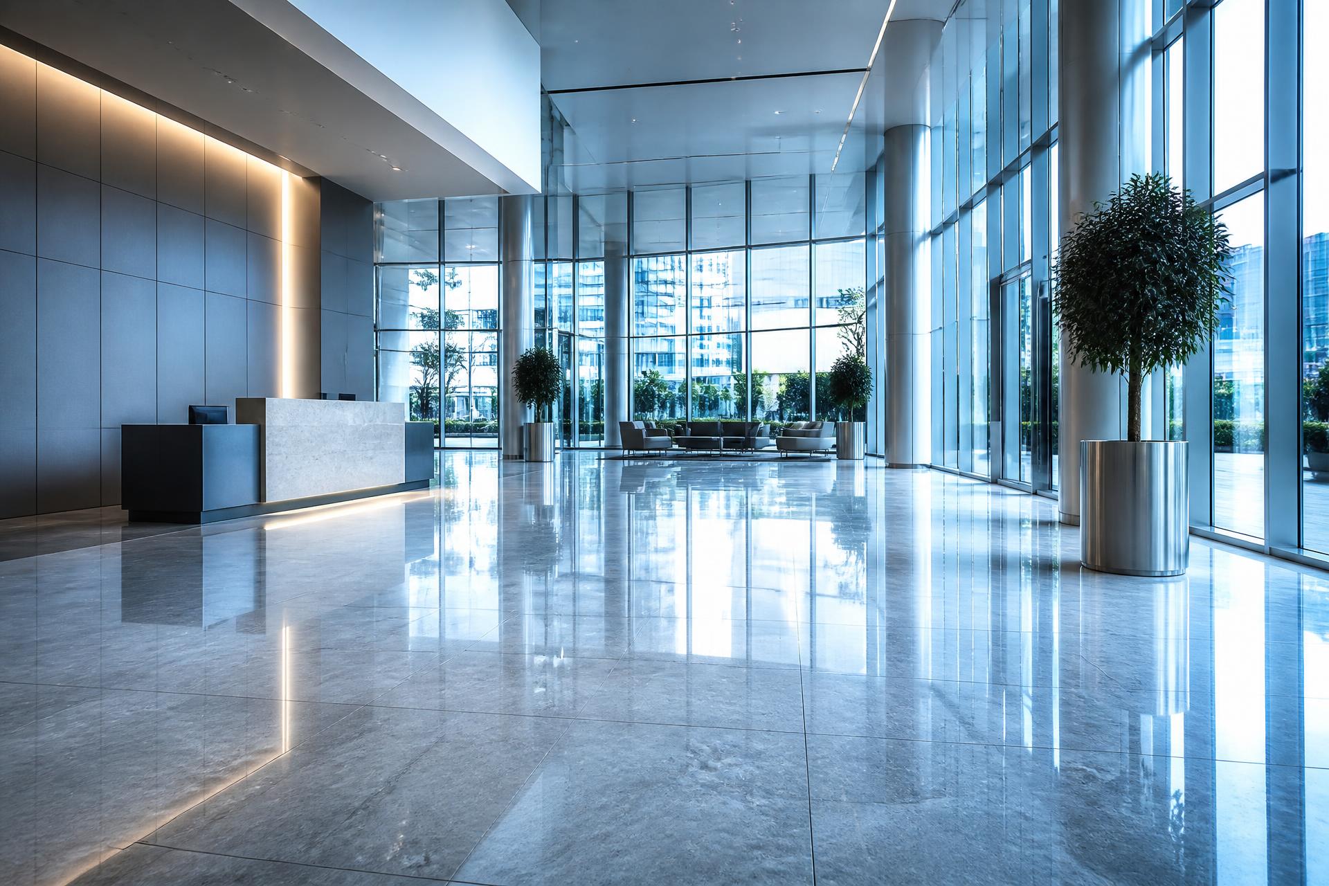 Spotless polished office lobby cleaned by Benyard's Cleaning Service
